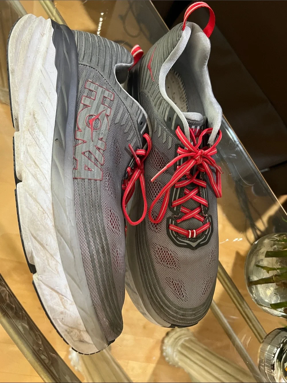Hoka Men's Gray Athletic Swim Shoes with Red Accents